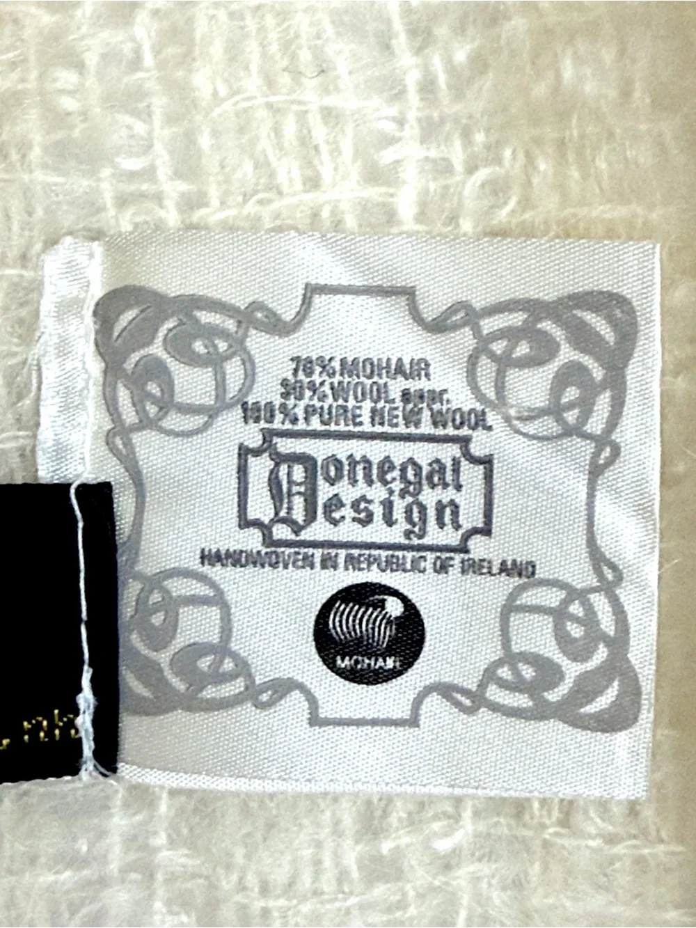 Donegal Design Ireland Large Oblong Scarf Mohair Wool Ivory Handwoven Fringe